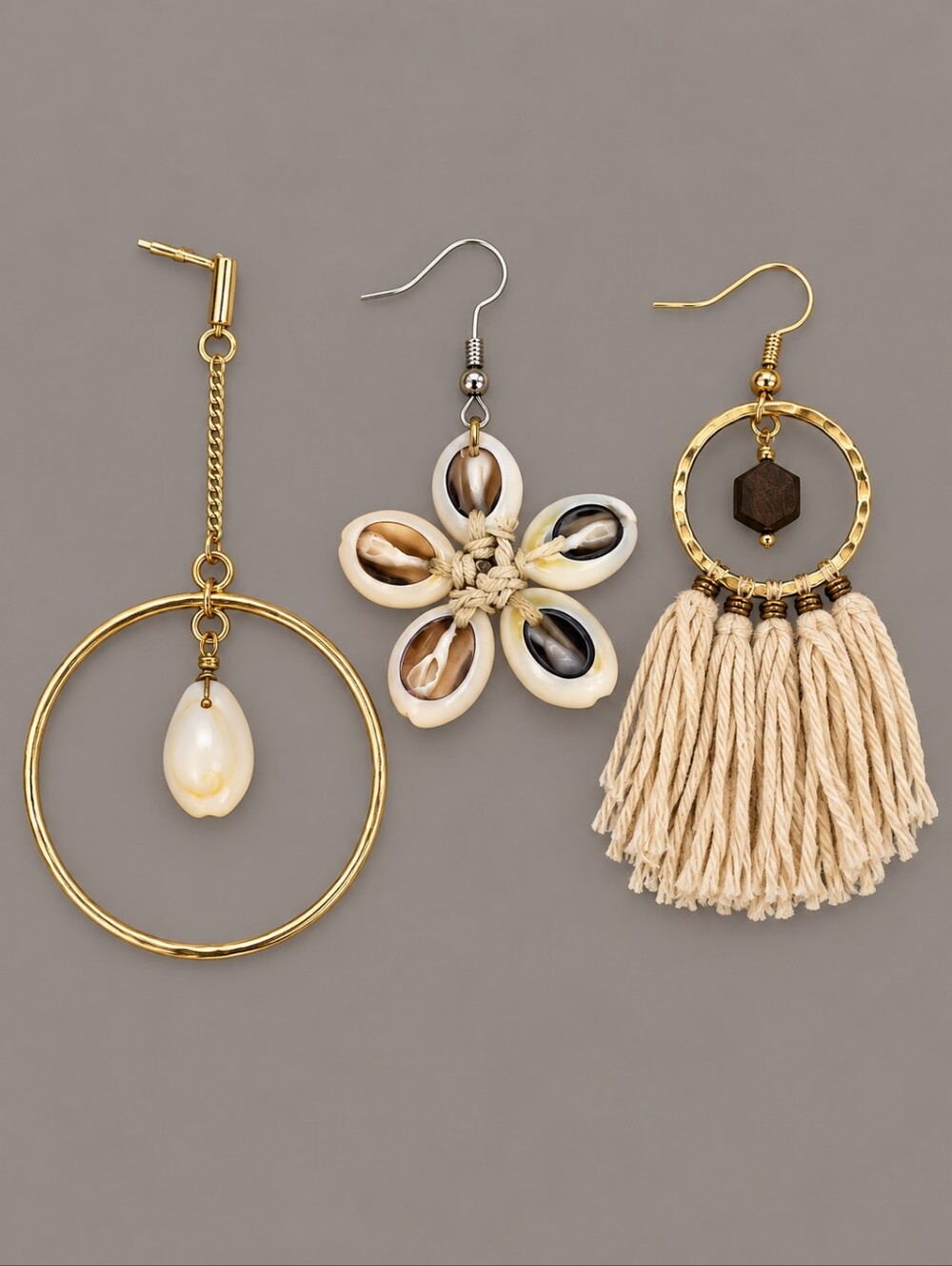 Vintage Set Of Three Beach Boho Shell & Tassel Earrings